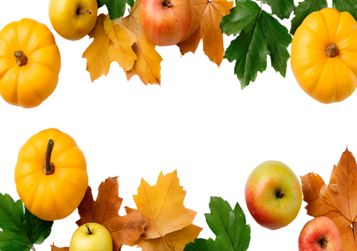 Autumn arrangement with pumpkins, apples, and colorful leaves on transparent background