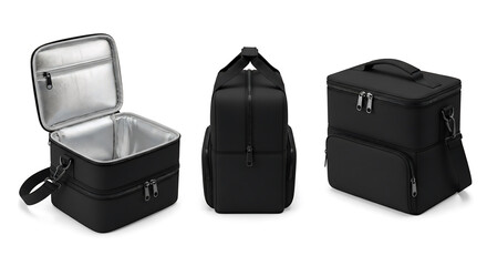Stylish black insulated lunch bag, backpack style & tote options. Perfect for work, picnics, or travel. Keeps food and drinks cold or warm