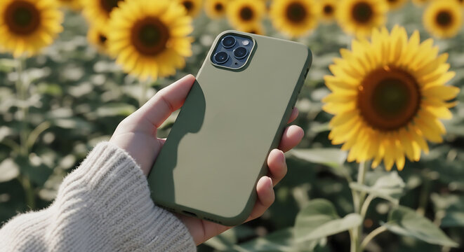 A hand holds a modern smartphone with an olive green case, set against a blurred backdrop of vibrant yellow sunflowers