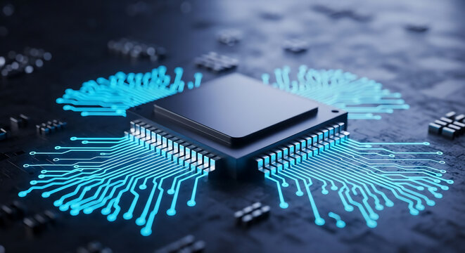 Microchip on a circuit board with glowing blue data lines, emphasizing connection and flow