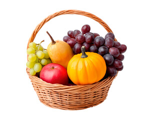 Basket of mixed fruits with grapes pear apple and mini pumpkin on transparent background