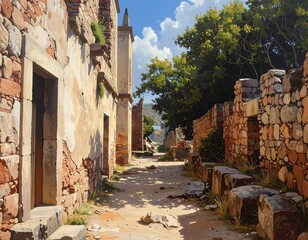 Sunlit alleyway between crumbling buildings