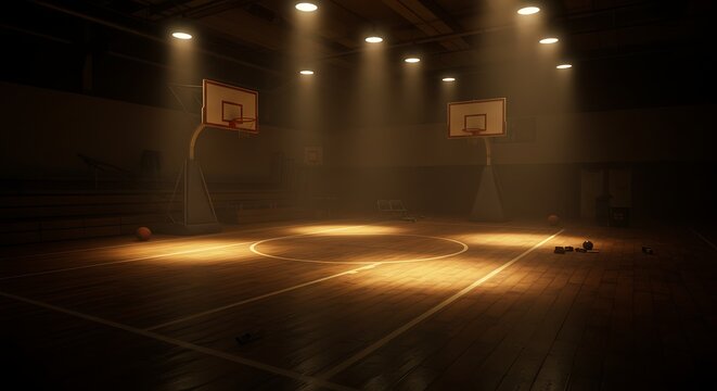 Basketball court lit by overhead spotlights with hoops and wooden floor
