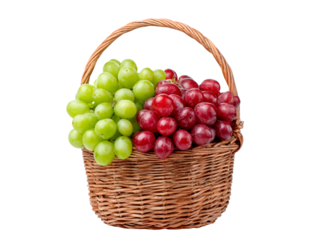 Wicker basket filled with fresh green and red grapes on transparent background