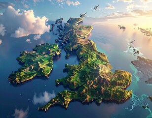 High-angle, stylized map of the British Isles at sunrise