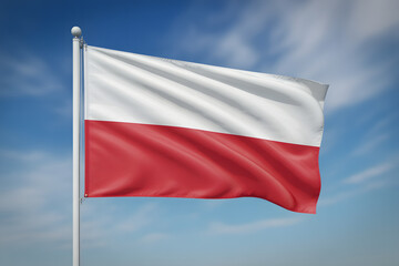 Obraz premium Polish flag waving proudly against a vibrant blue sky, representing national pride and patriotism