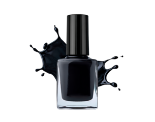 Black nail polish bottle splashing on transparent background
