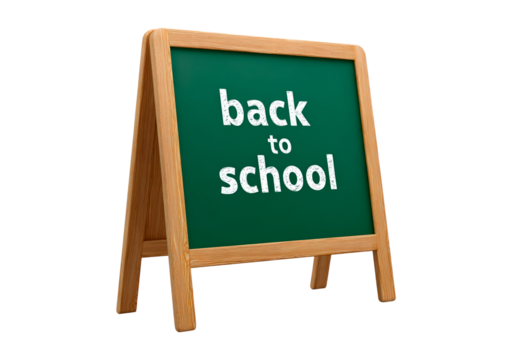 Back to school green chalkboard easel with wooden frame on transparent background
