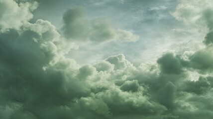 Fototapeta premium Dramatic green sky with sunlit clouds. AI image