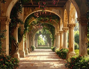 Sunlit colonnaded garden path