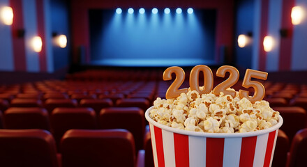 A popcorn bucket with '2025' numbers sits in an empty, spotlight-illuminated movie theater