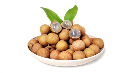 Front view of Fresh longan fruit with leaves in white plate. Isolated on white background with copy space. Tropical Asian fruit. Suitable for editing and used for food and agriculture advertising.