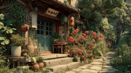 Idyllic asian countryside scene with traditional architecture and lush flora