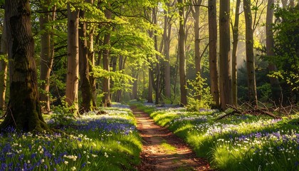 Sunlit forest path through wildflowers