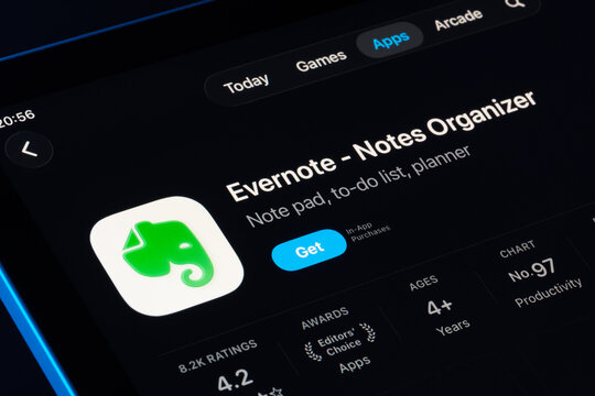 Evernote Notes Organizer search result on iPad App Store using Apple Liquid Glass design in iOS 26, modern translucent UI. Stafford, United Kingdom, September 29, 2025.