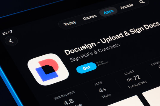 DocuSign Upload and Sign Docs viewed on iPad App Store, Apple Liquid Glass style in iOS 26 with new rounded glassy panels. Stafford, United Kingdom, September 29, 2025.