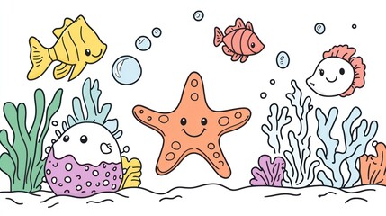 Underwater cartoon scene featuring starfish and various colorful fish with bubbles