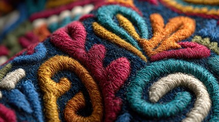 Detailed macro view of colorful vibrant embroidery art and textile texture