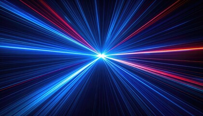 Abstract image depicting radiating light streaks in vibrant blue, red, and white, emanating from a central point of intense brightness against a dark background, suggesting speed or energy