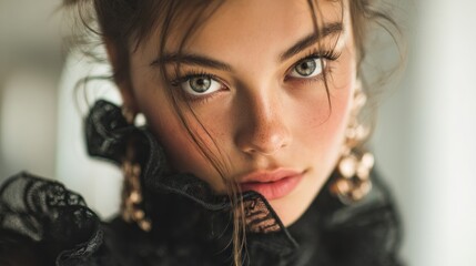 Intimate portrait of a young woman with striking eyes and detailed features