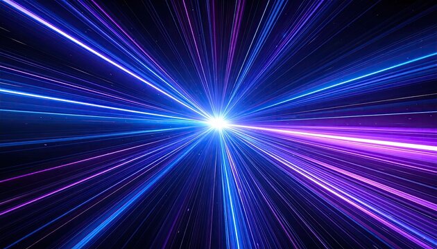 Abstract image depicting vibrant, radiating light streaks in blue and purple hues emanating from a central point against a dark background, suggesting speed and energy