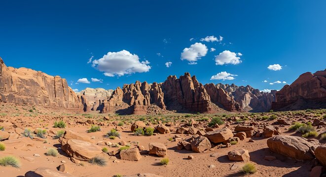 Scenic desert landscape under a vibrant blue sky with rock formations