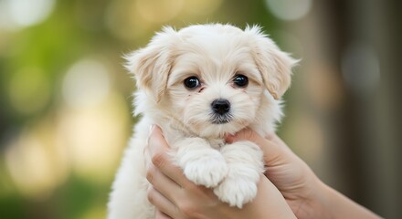 Obraz premium Adorable puppy held upright against bokeh green background