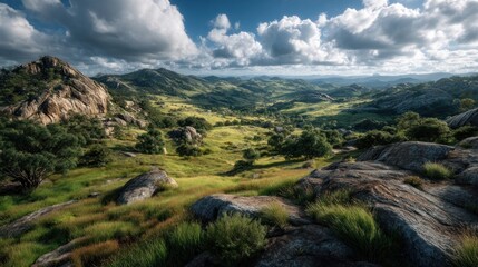 Scenic mountain landscape featuring rocks, trees, and cloud formations on a bright day