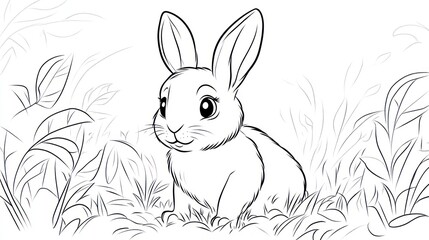 Line art illustration of a cute rabbit in a grassy environment