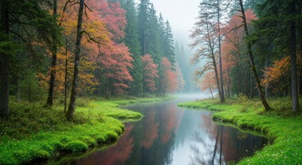 Fototapeta premium Misty autumn forest river scene. Tranquil, colorful trees reflect in calm water