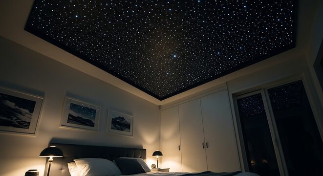 Bedroom interior with illuminated ceiling displaying simulated night sky
