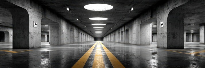 Expansive underground parking garage with a modern concrete design illuminated by circular skylights