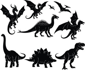 "Silhouettes of Dinosaurs and Dragons Featuring Pterosaurs, Stegosaurus, T. Rex, Spinosaurus, and Winged Mythical Creatures in Fantasy Illustration"