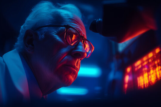 Serious senior scientist looking microscope dark laboratory research elderly man - Powered by Adobe