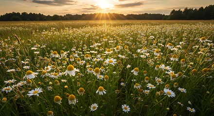 Golden hour sunlight illuminates a field of blooming wildflowers and tall grass
