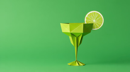 A vibrant green origami margarita glass with a lime slice, set against a matching green background, creating a fresh and playful aesthetic.