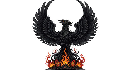 Obraz premium Majestic raven black bird rising from flames with outstretched wings on isolated background