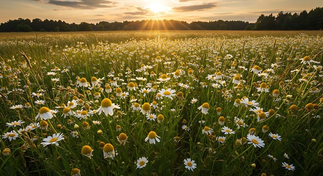 Golden hour sunlight illuminates a field of blooming wildflowers and tall grass