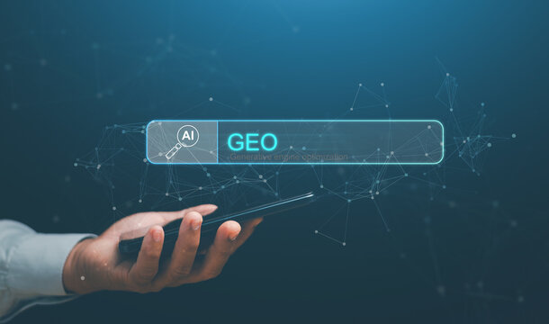 Generative engine optimization (GEO) concept. Man holding smartphone with AI search bar. Digital marketing, future search technology, online strategy and innovative artificial intelligence tools.