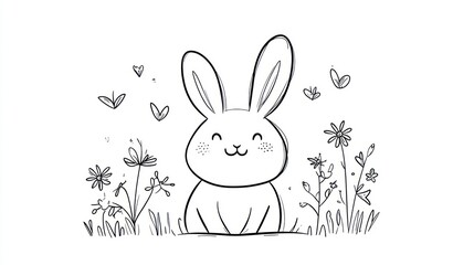 Cheerful bunny in a meadow black and white line art illustration