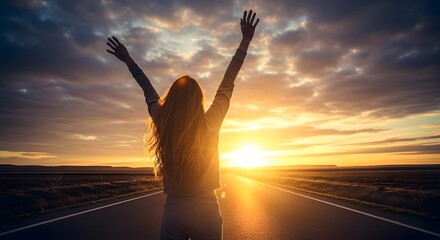 A person with arms raised in triumph on a road at sunset, celebrating freedom and new beginnings.