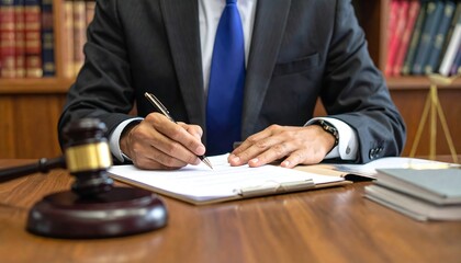 Judge signing document in courtroom