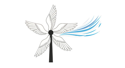 Whimsical turbine design with feathered wings and flowing energy illustration