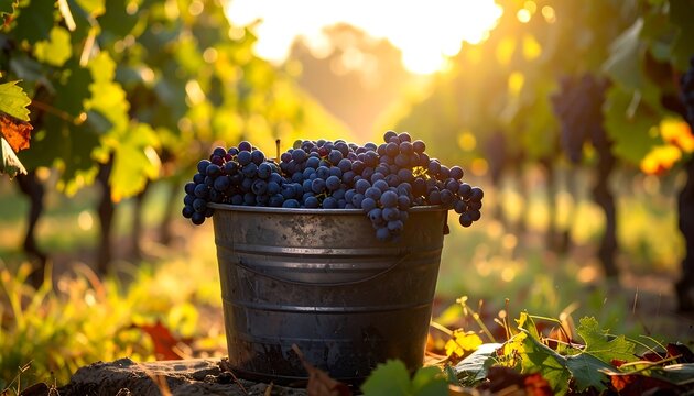 A bucket of ripe grapes in a vineyard at sunset