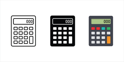Calculator icons in outline solid and colored styles on white background calculation math