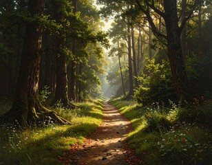 Sunlit path through a dense forest (1)