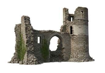 Stone castle ruins with ivy overgrown walls