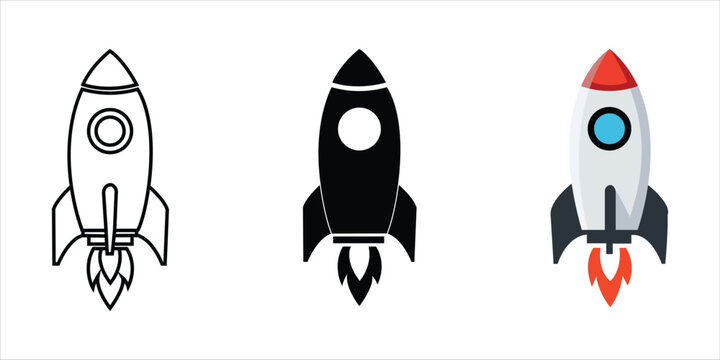 Rocket ship icons in outline solid and colored styles with flames on white background spaceship
