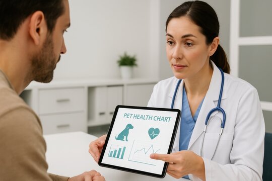 Veterinarian explaining pet health chart to male client in clinic consultation