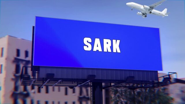 Sark Road Sign with a Street Billboard and an Airplane Taking Off in the Background